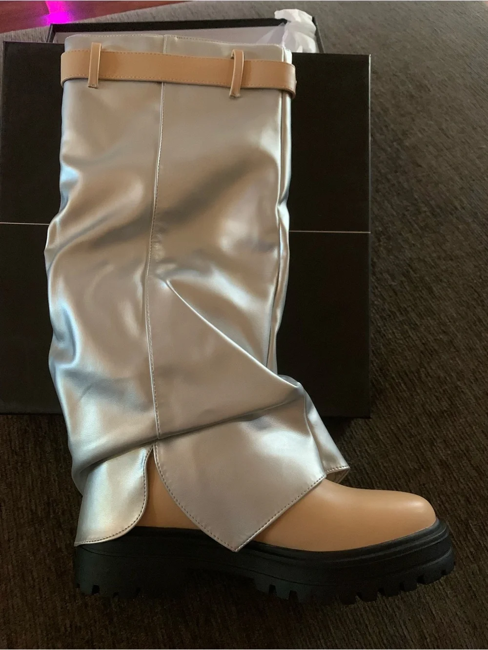 Cape Robbin striking metallic silver fold-over lug-sole boots feature a tan base
